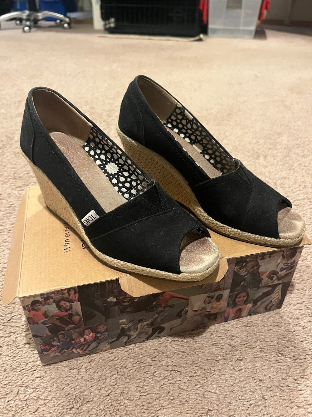 Toms Black Espadrille Peep-Toe Wedge Shoes